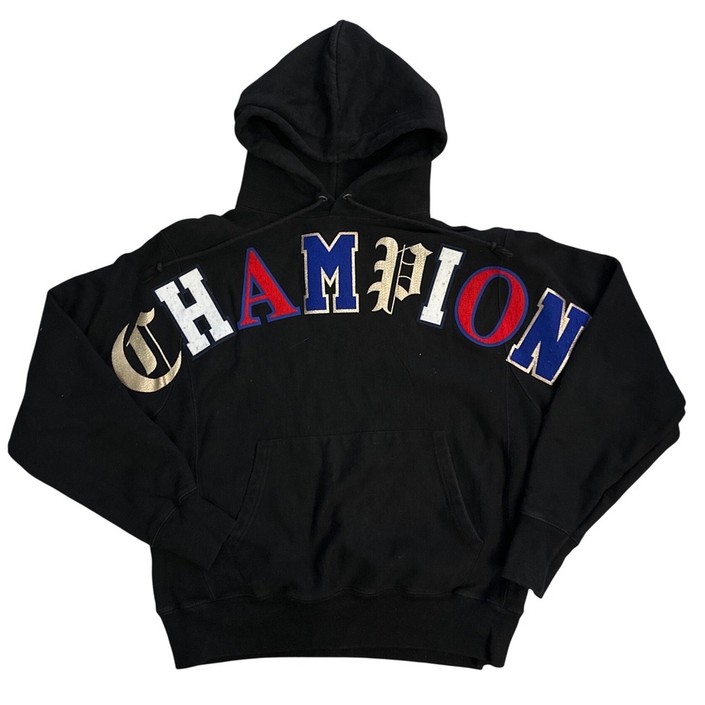 Champion Reverse Weave Multi Color Chenille Arch Logo Hoodie Black Medium